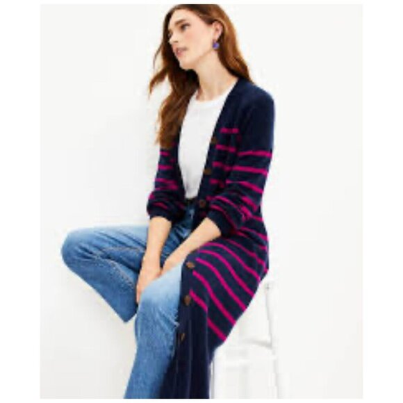 LOFT Long Sweater Cardigan Midi Dress Striped Navy Blue Button Front Size M - Picture 10 of 10